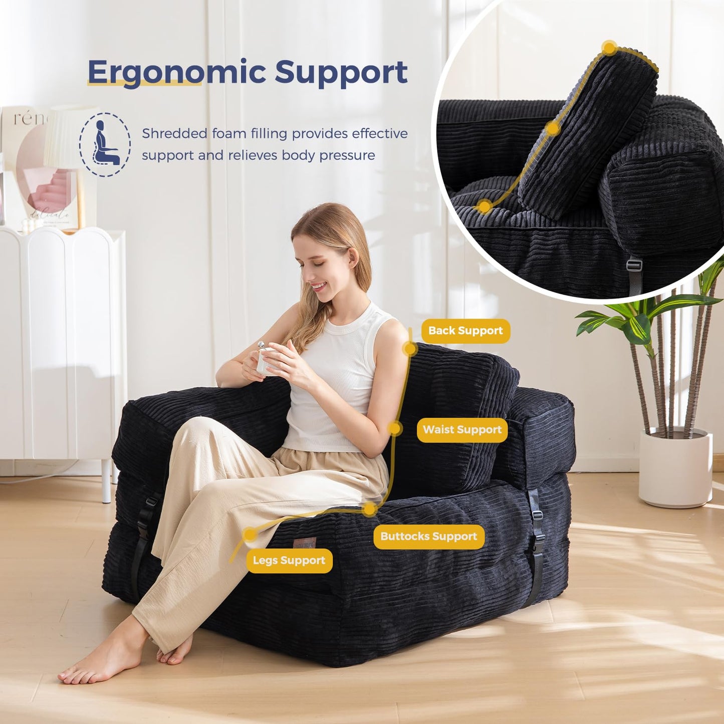 MAXYOYO Foldable Sofa Bed,Bean Bag Couch Convertible Sleeper Chair with Armrest L-Shaped Floor Lounge Sofa with Pillow Portable Lounge Seat for