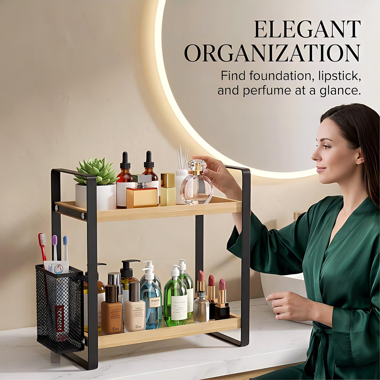LEMIKKLE Skincare Perfume Organiser for Vanity, Bathroom Organiser Countertop, coffee station,Spice Rack 2-Tier Wood kitchen storage And organisation