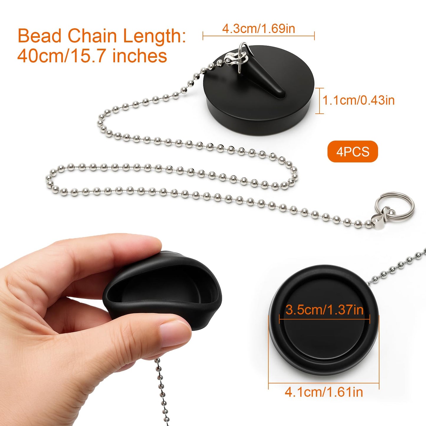 4 Pcs Universal Bath Plug, Kitchen Sink Plug with Stainless Steel Chain, Universal Bath Plug with Stainless Steel Chain and S-Shaped Hook,Drain