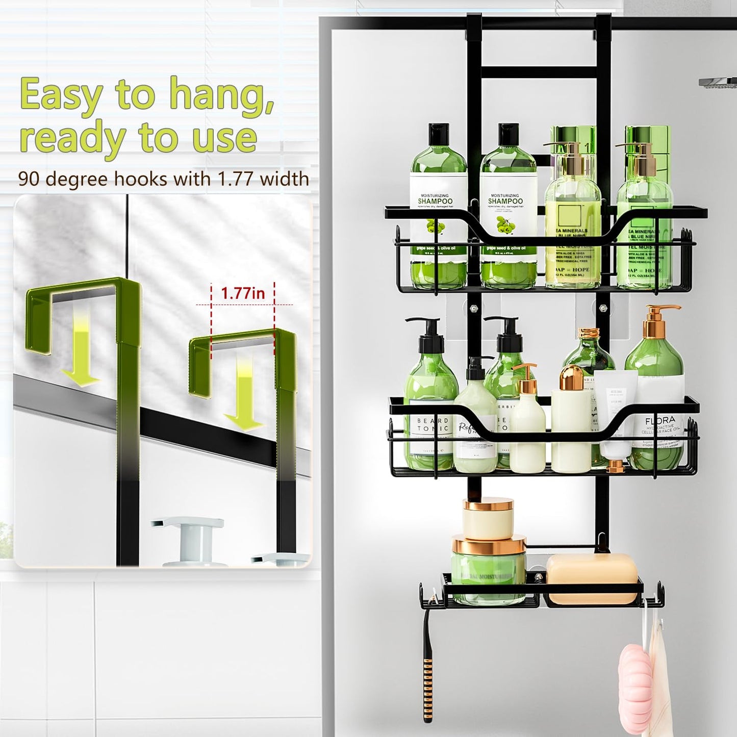 FOXWHALE Hanging Shower Shelf with Shaving Stand & Soap Holder and Hooks, No Drilling Shower Shelf for Glass Door, Black Hanging Shelf Shower