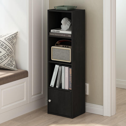 Furinno LUDER Book Shelf, 4-Tier Bookshelf, Bookcase with 1 Door Storage Cabinet, 9.3 x 12 x 41.8, for Living Room, Bedroom, Home Office, Blackwood