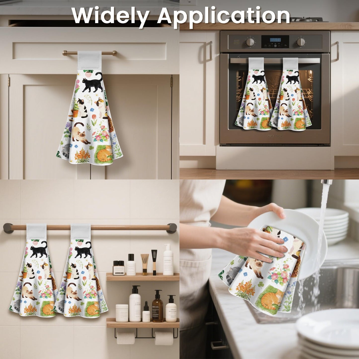 CUTHOLLOW 2 Pcs Colorful Funny Cats and Floral Hanging Kitchen Towels with Loop