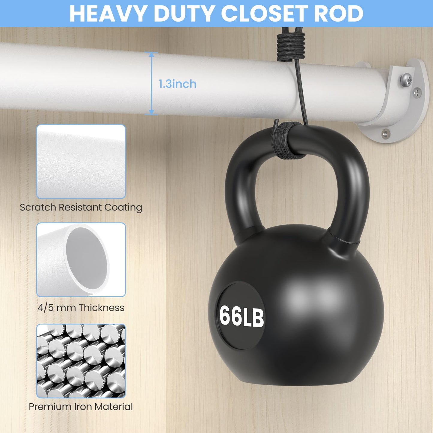 Ruiony Wardrobe Rail, 43 to 135 CM Heavy-Duty Stepless Adjustable Wardrobe Hanging Rail, 3.3 CM Diameter Metal Wardrobe Pole for Wardrobes