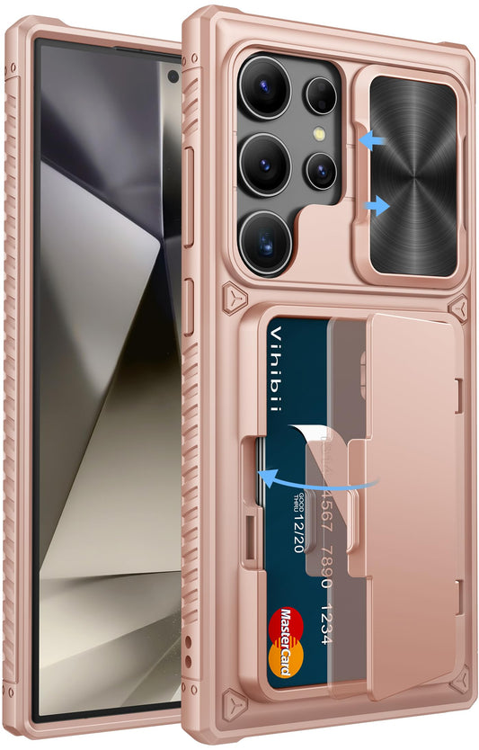 Vihibii for Samsung Galaxy S24 Ultra Case with Slide Camera Protection Cover, Built-in Card Holder (4 Cards) & Kickstand, Shockproof Rugged Wallet