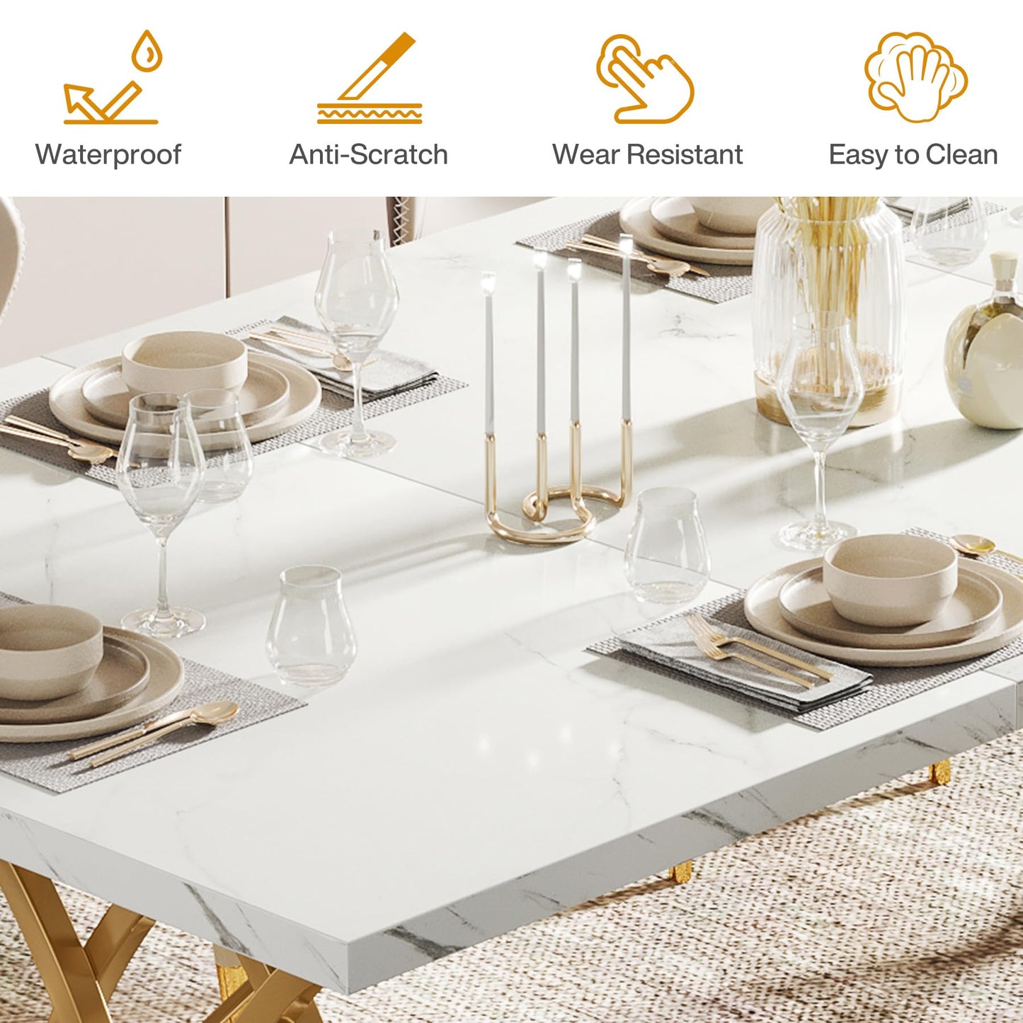 LITTLE TREE Modern Dining Table for 4-6 People, 63" Large Rectangular Kitchen Table with Faux Marble Tabletop and Geometric Legs