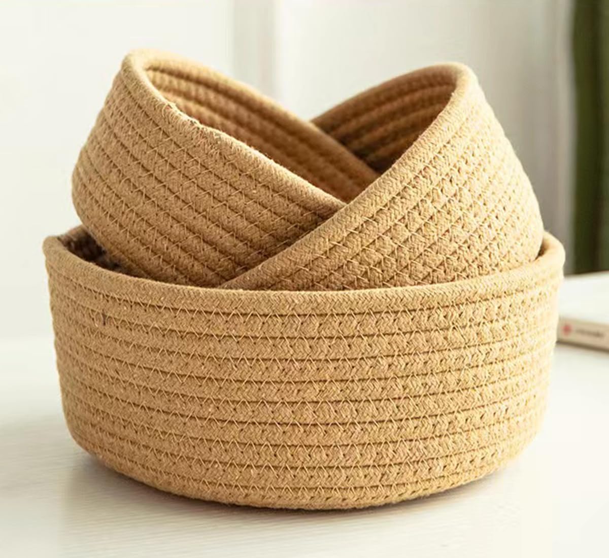 Lydlrum Storage Baskets, Brown Cotton Rope Woven Bathroom Storage Basket Set of 3, Round Small Basket Box Organizer Bins