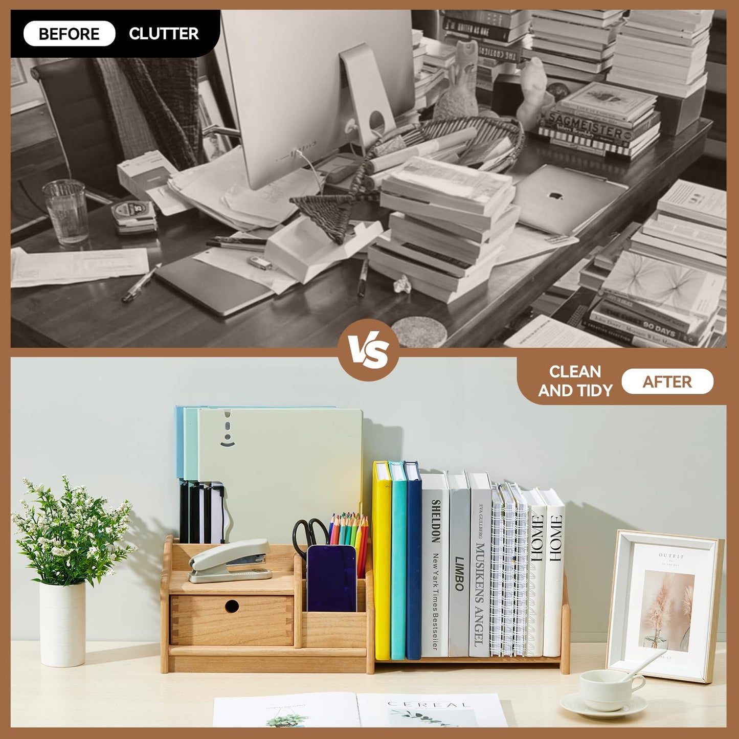 KIRIGEN Wooden Desktop Organiser with Drawer, Adjustable Bookshelf, Natural