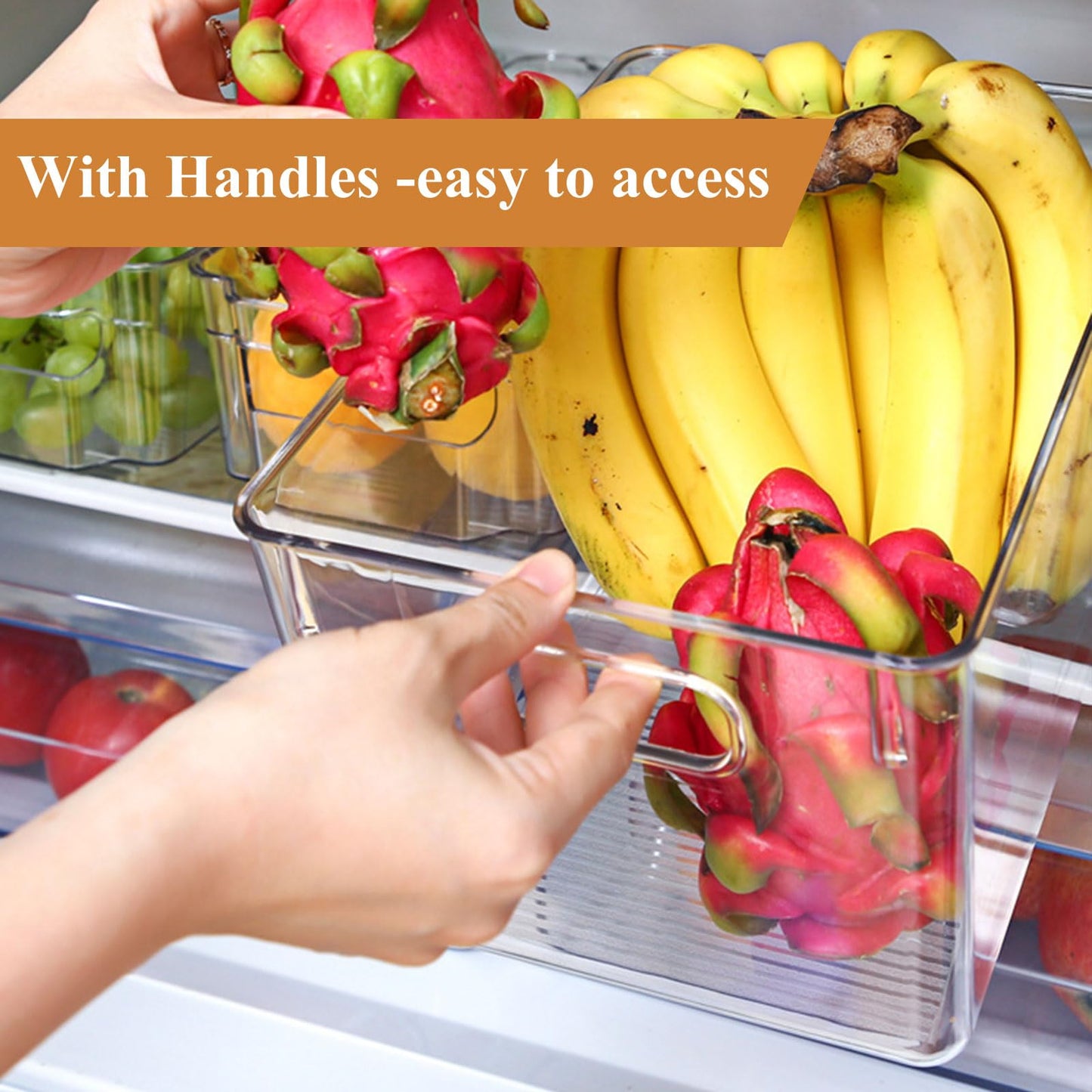 MEIDIV 4 Pack Fridge Storage Organisers, 29x20x15.5cm Plastic Storage Box, Food Storage Basket