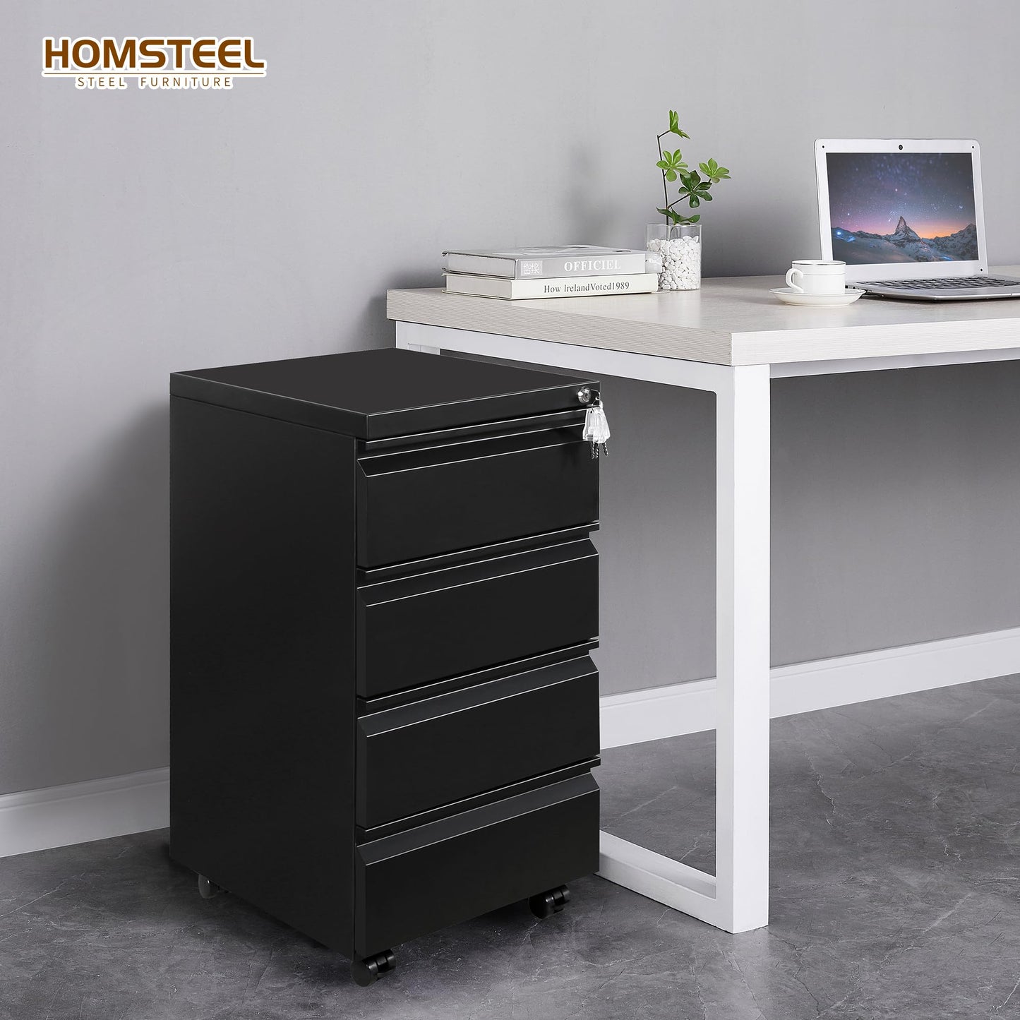 HOMSTEEL 4 Drawers File Cabinet, Metal Filing Cabinet with Lock, Mobile File Cabinet, Fully Assembled Except Casters, for Office, Home Office, Black