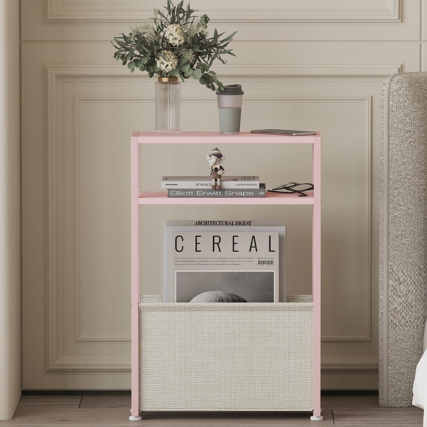 JERX Narrow Side Table with Fabric Basket, End Table for Small Spaces, Slim Side Table with Magazine Rack for Living Room Office Bedroom and Bathroom