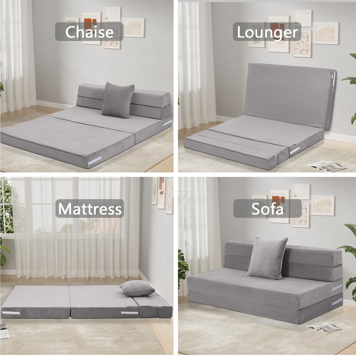 MeMoreCool Folding Mattress Double, Corduroy Fold Out Sofa Bed, Grey