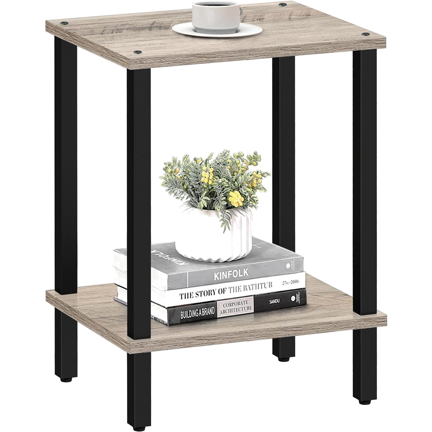 TUTOTAK Side Table, Bedside Table, Night stand, 2-Tier Storage Shelf, End Table for Small Space, Living Room, Bed Room, Greige TB01BG034EU