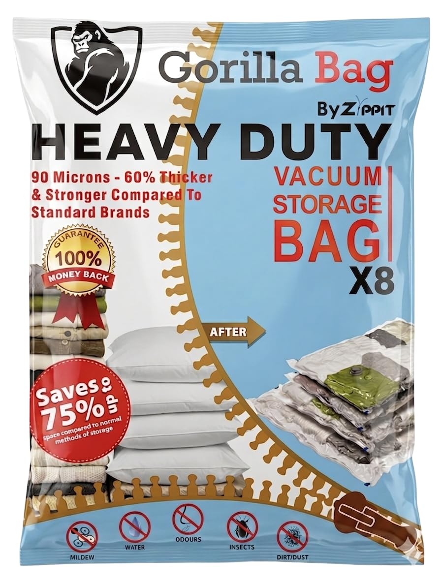 HEAVY DUTY 8 VACUUM STORAGE BAGS by Gorilla Bags. 4 Large (100x80cm), 4 Medium (60x80cm). Double Zip Seal & Unique Turbo Valve Keeps Items Compressed