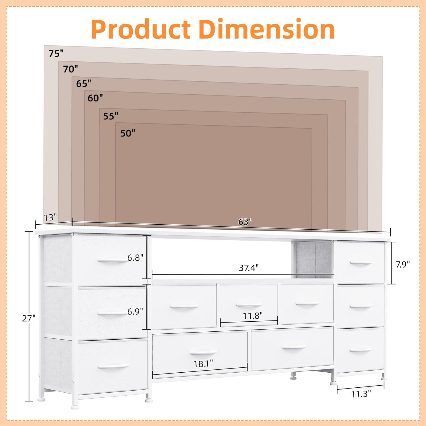 VERMESS 63" Tv Cabinet, Dresser for Bedroom with 11 Fabric Drawers, TV Stand with Power Socket for TVs up to 70", TV Units for Living Room, Bedroom