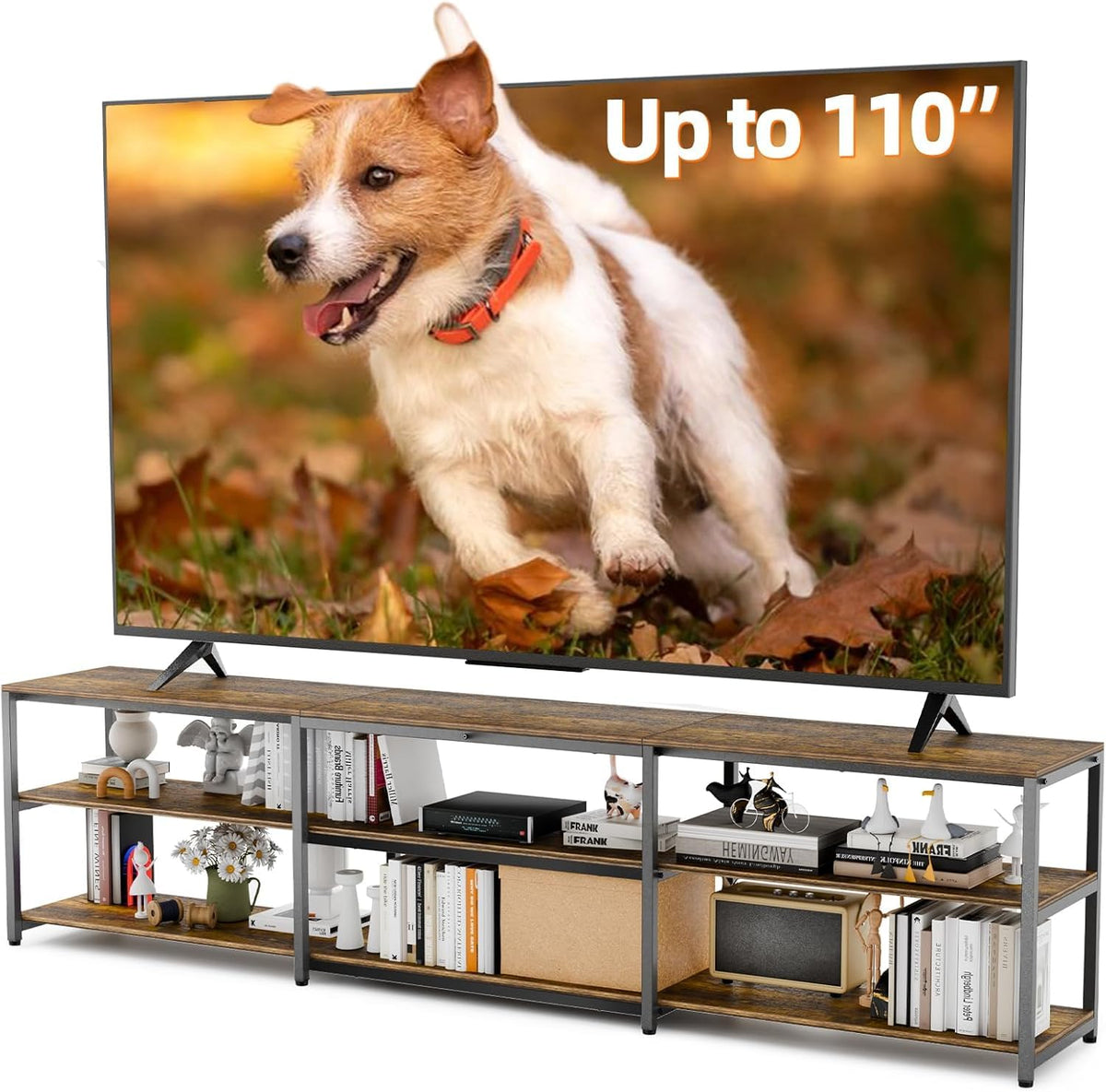 Aquzee 100 Inch TV Stand Cabinet, 249 cm Wide Large TV Unit for 85" - 110" TV, 3-Tier Wood TV Console Table with Open Storage Shelves
