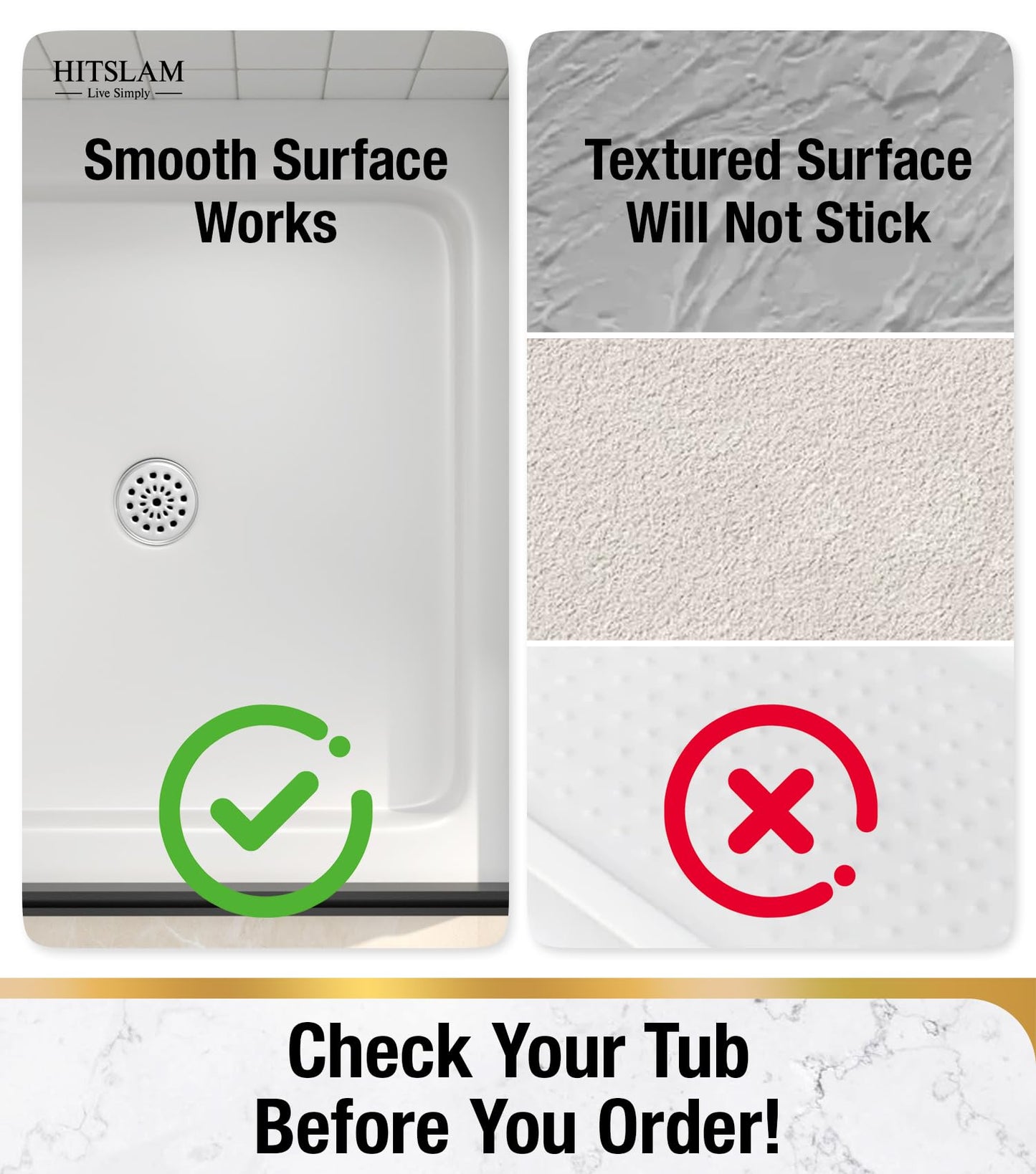 HITSLAM Square Shower Mat Non Slip Anti Mould, 60 x 60 cm Cut to Fit No Odor Soft TPE Bath Mat with Suction Cups and Drain Holes