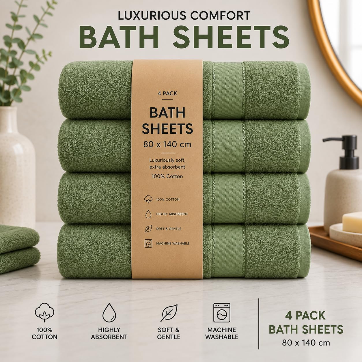 Casabella Luxury Pack Of 4 Bath Sheet 100% Egyptian Cotton Super Soft towel_Smoke Green
