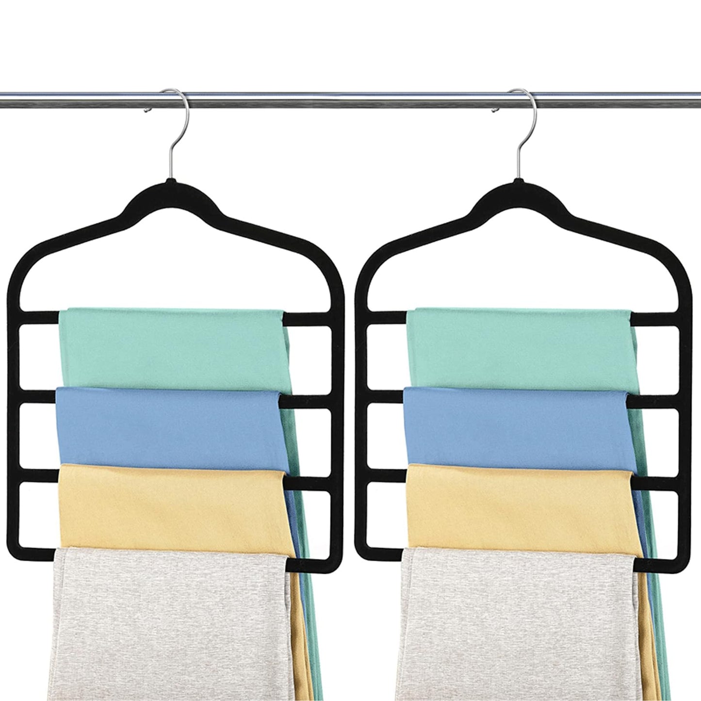 2PCS Velvet Trouser Hangers, Trouser Hanger Space Saving, Black Velvet Hanger, Multiple Layer Wardrobe Organiser for Pants, Jeans, Scarves