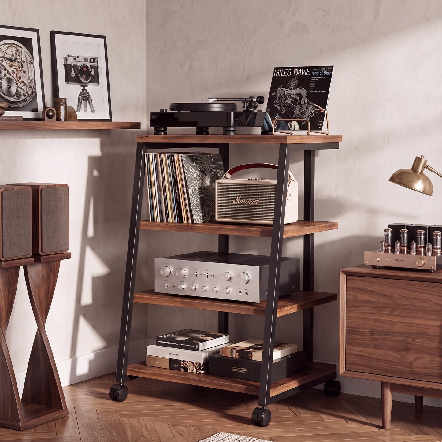 WUDLEP HiFi Stand, 4-Tier AV Media Stand with Power Strip and Wheels