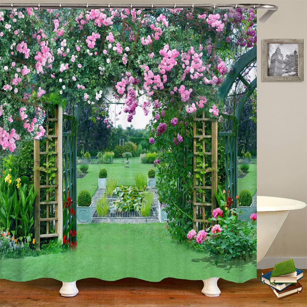 JIANGLANY Pink Purple Rose Shower Curtain Welcome to World of Flower Green Plant Spring Garden Landscape Bathroom Decor Waterproof Fabric Curtains