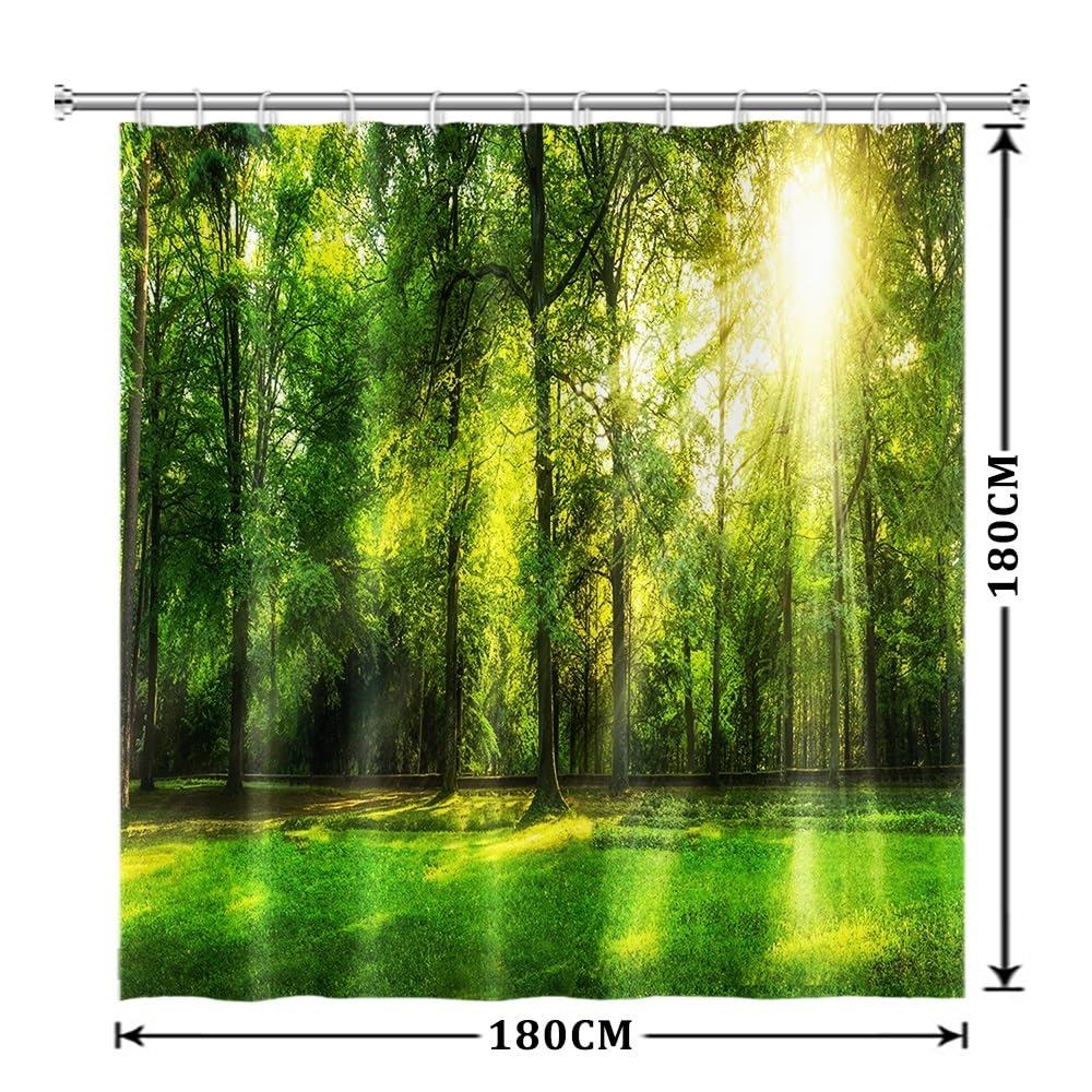 Xiaoterna Tropical Jungle Shower Curtain Green Forest Nature Landscape Sunshine Bathroom Curtain Spring Jungle Rainforest Mould Proof Washable Shower