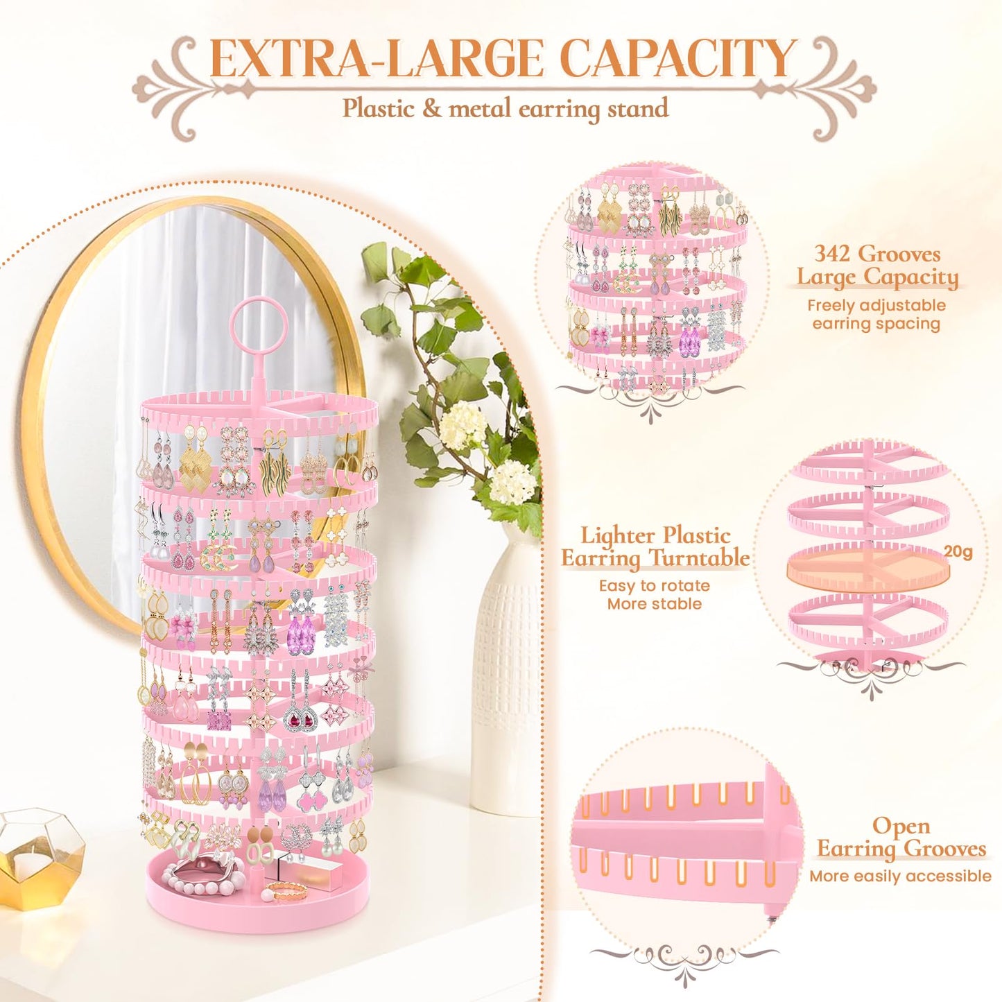 iDavosic.ly 6 Tier Rotating Earring Holder Organizer with Metal Tray, Pink