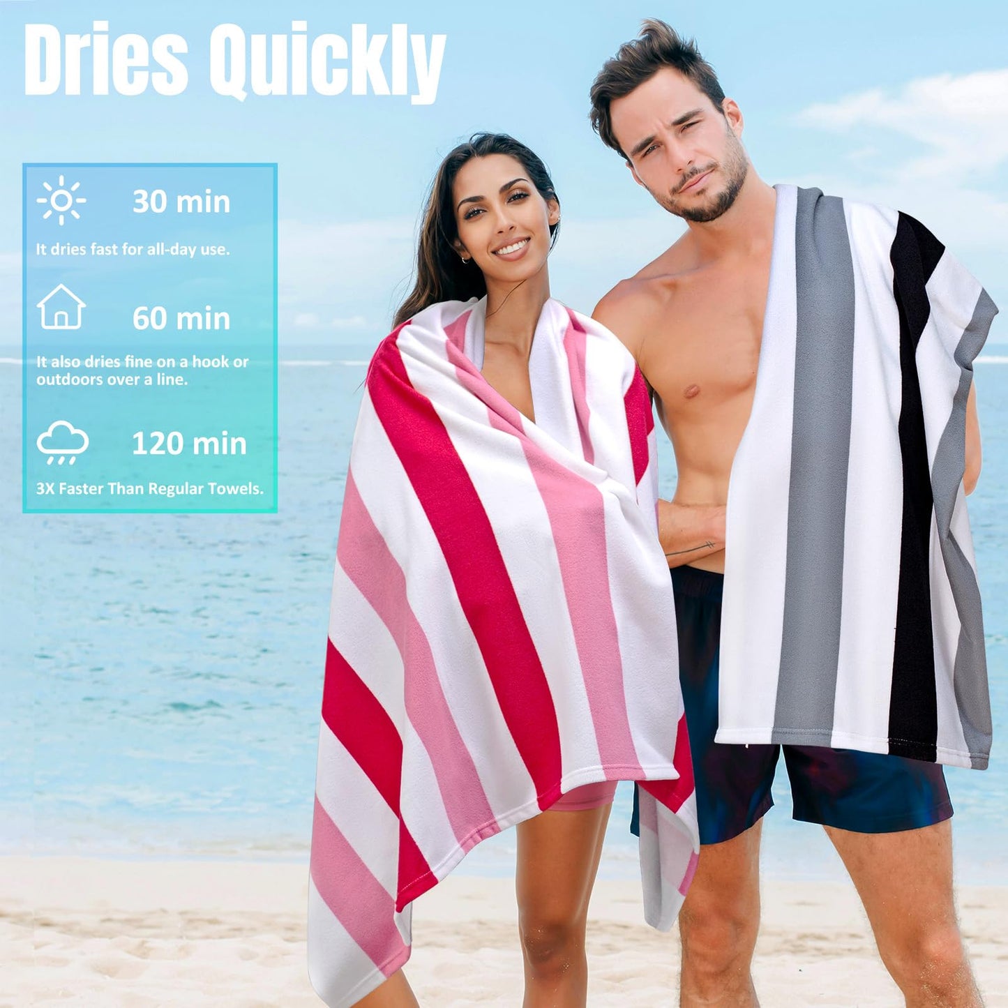 Ouxiaobai Large Oversized Beach Towel - Microfiber Sand Free 35 x 70 Inch Quick Dry Lightweight Pool Towel for Adults, Thin Striped Swim Towel (Black)