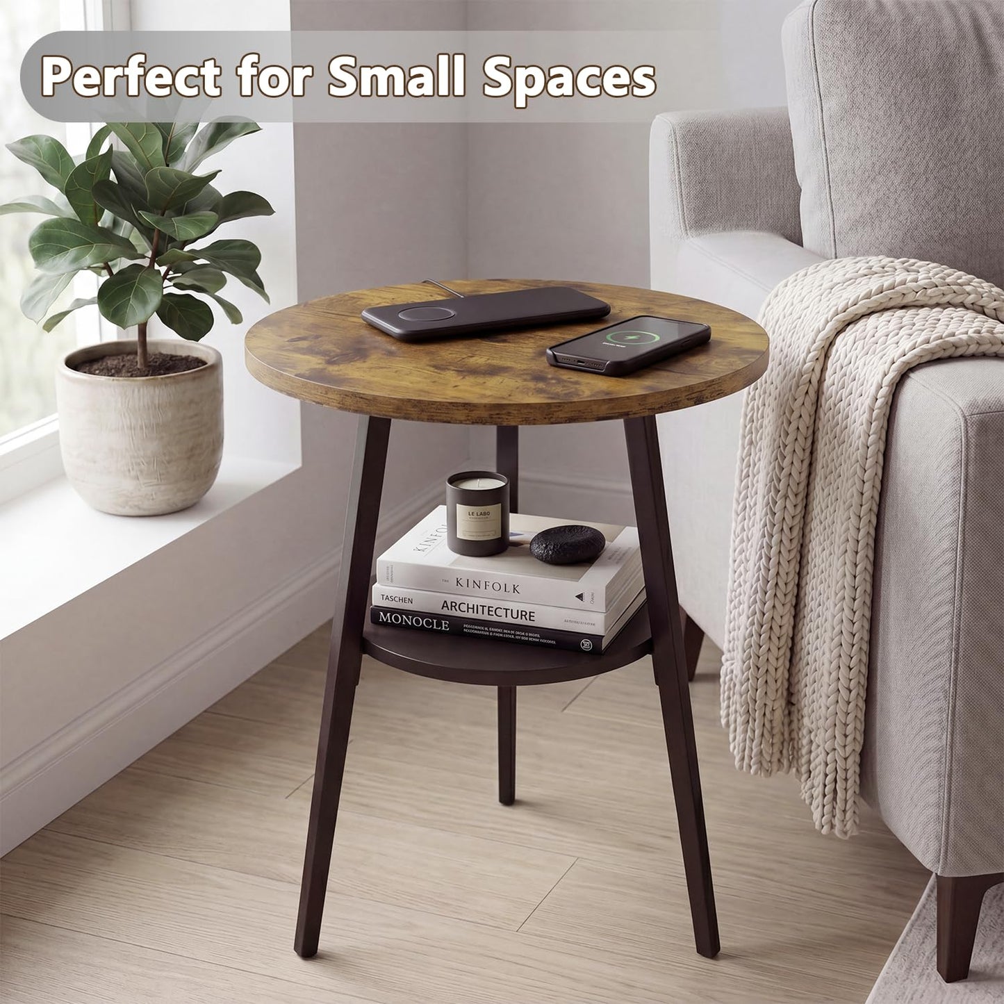 Small Round Side Table, 2-Tier Coffee Table with Storage Shelf