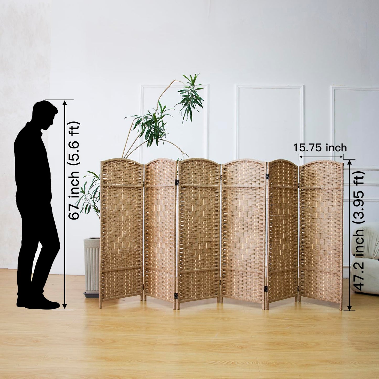 Furnnylane 6 Panel Light Brown Rattan Divider Short Room Partition Screen,Double Sided Short Folding Divider for Room Separation,120 cm Tall