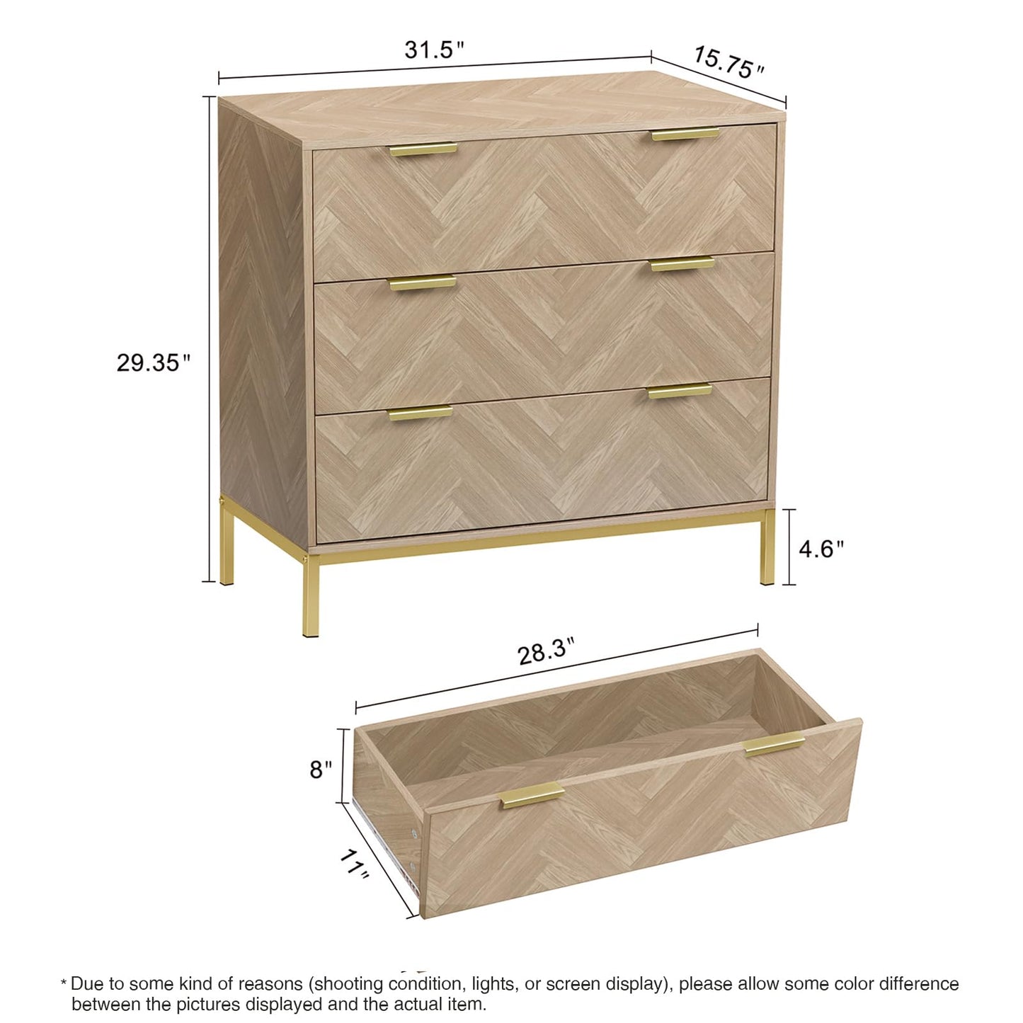 Skokliz Modern 3 Drawer Chest of Drawers for Bedroom, Mid Century Natural Oak Modern Dresser Wooden Storage Unit Bedroom Furniture with Spacious
