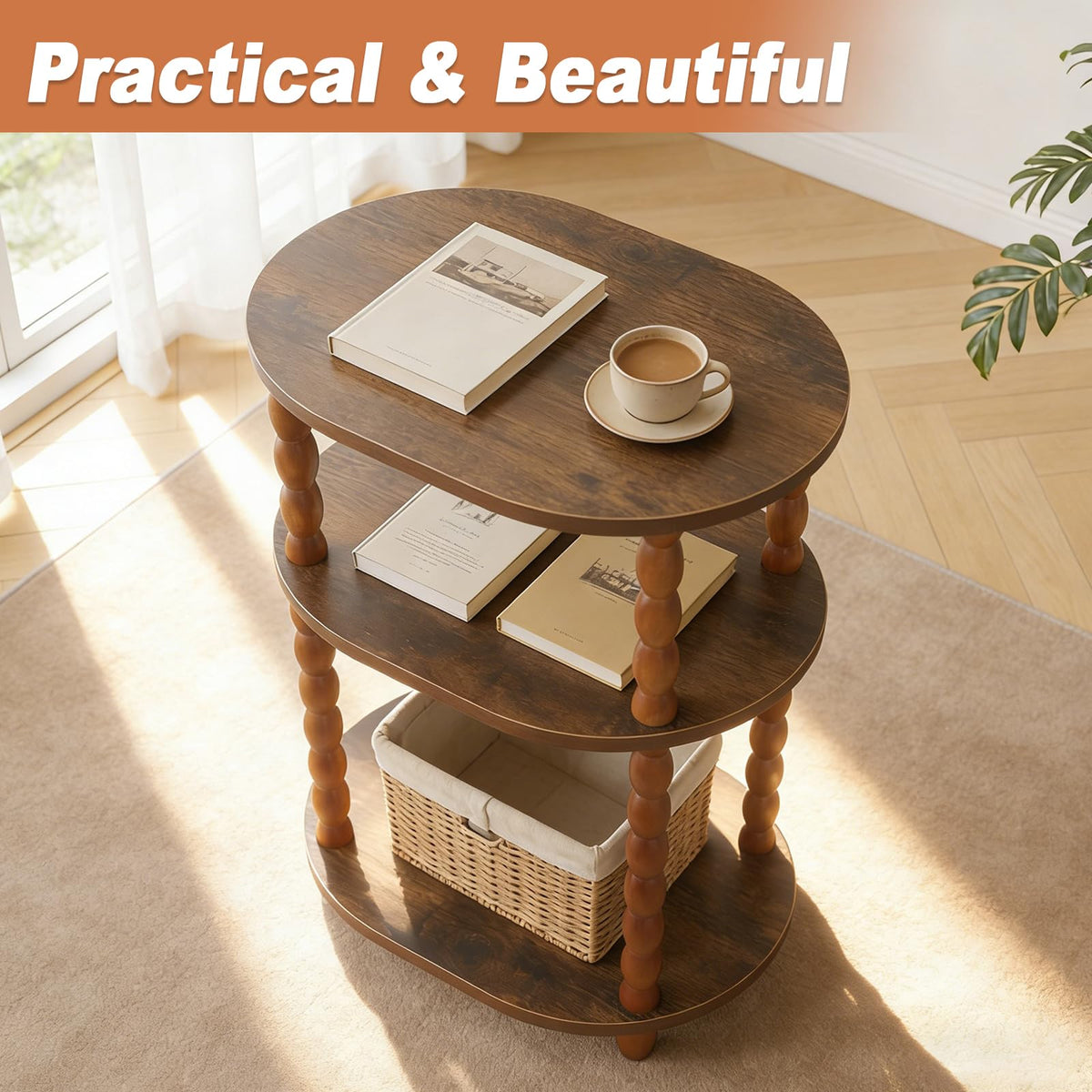 Wooden Side Table,3-Tier Small End Table with Storage Shelf, Vintage Retro furniture Bedside Coffee oval Table Night Stand for Living Room, Bedroom