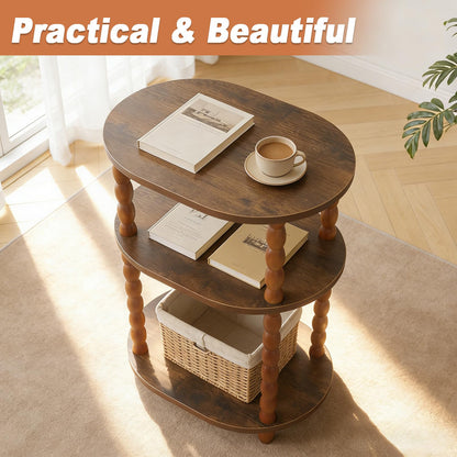 Wooden Side Table,3-Tier Small End Table with Storage Shelf, Vintage Retro furniture Bedside Coffee oval Table Night Stand for Living Room, Bedroom