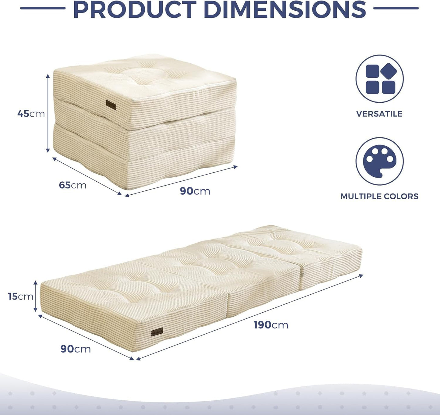 MAXYOYO Folding Mattress, Comfy Corduroy Foldable Mattress with 15cm Thicken Foam, Tri-Fold Floor Futon Sofa Bed for Guest,Off-white,Single