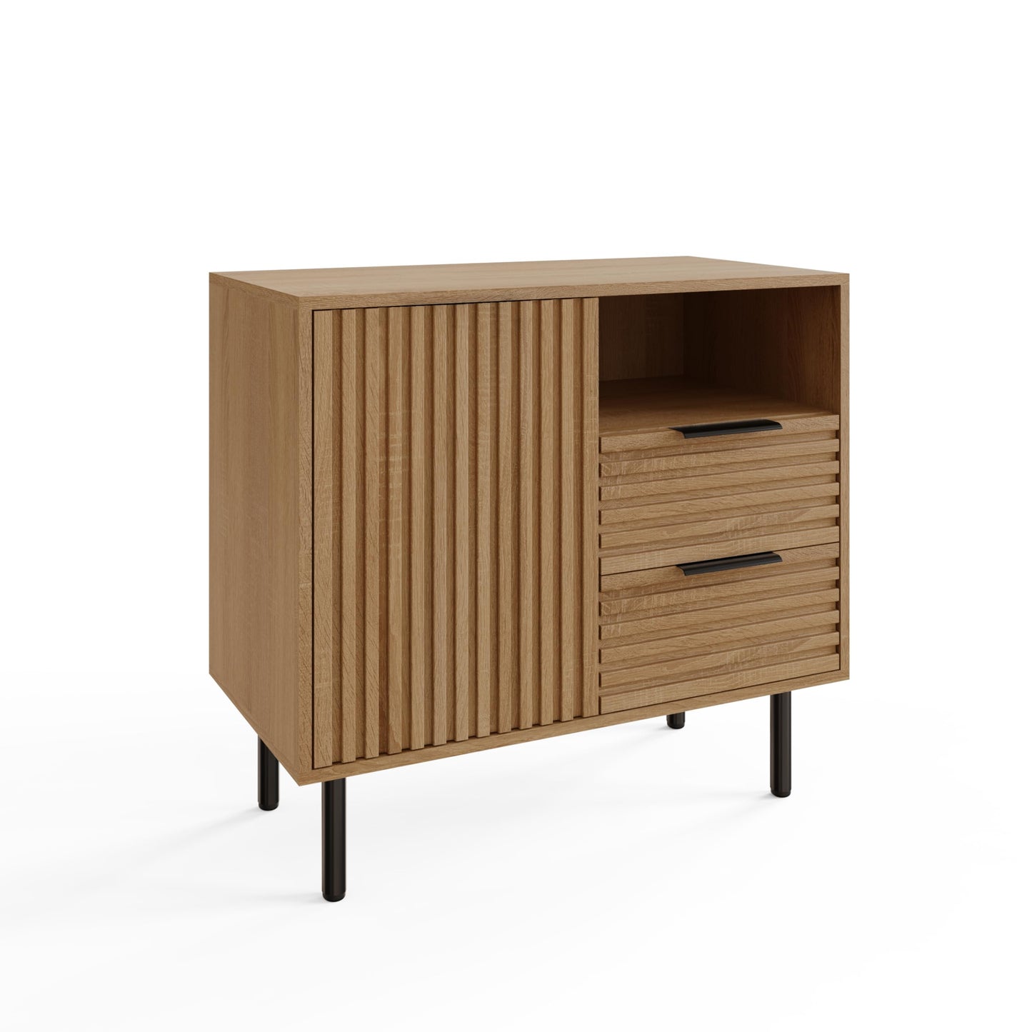 GFW Nervata Compact Sideboard with Drawers & Open Shelving, Modern Ribbed Storage Cabinet for Living Room or Hallway