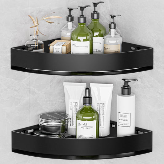 Wisfame Black Corner Shower Caddy - Rustproof Aluminium Triangle Shower Shelf - No Drill & Drill Installation - 2 Bathroom Shelves Wall Mounted (8KG
