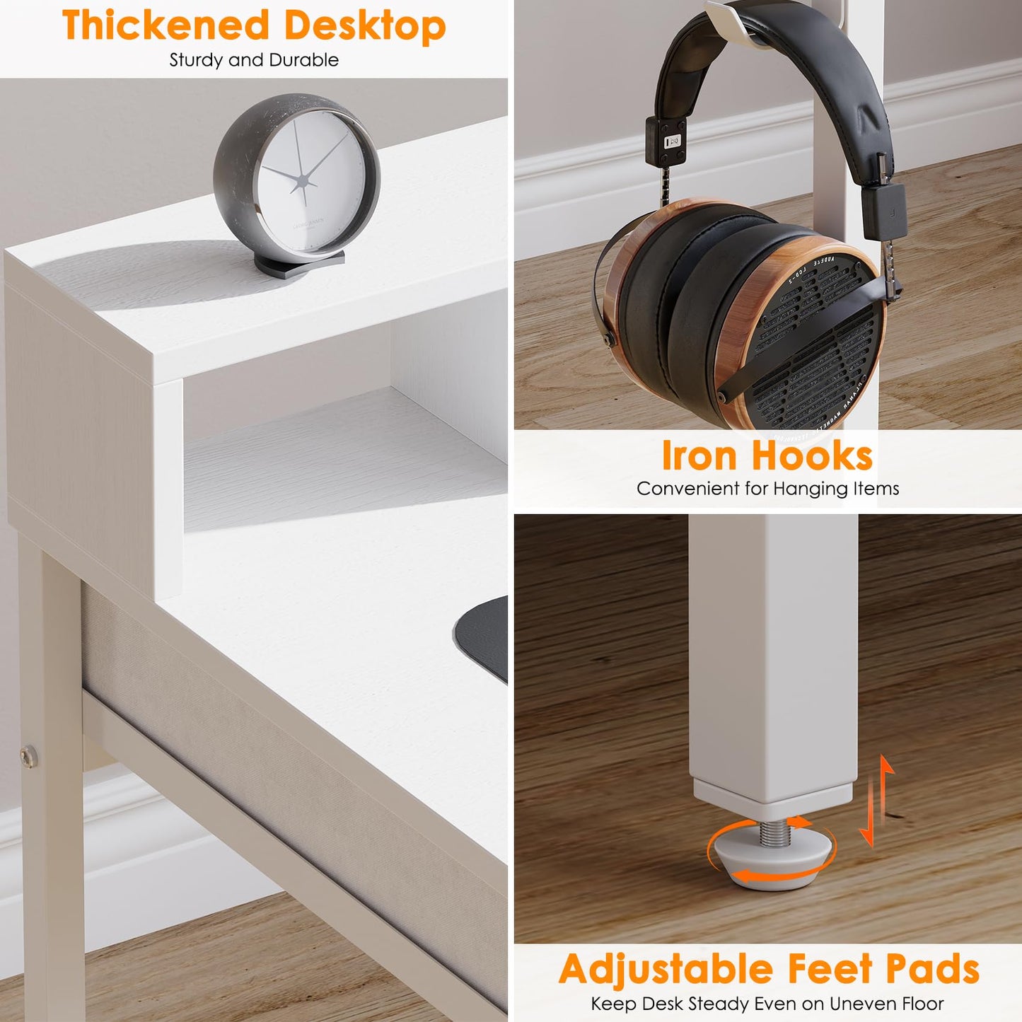 Feonase Ergonomic Computer Desk with Monitor Riser, 2 Under-Desk Drawers, CPU Stand & Hook – MDF Desktop for Home Office, Gaming & Study White