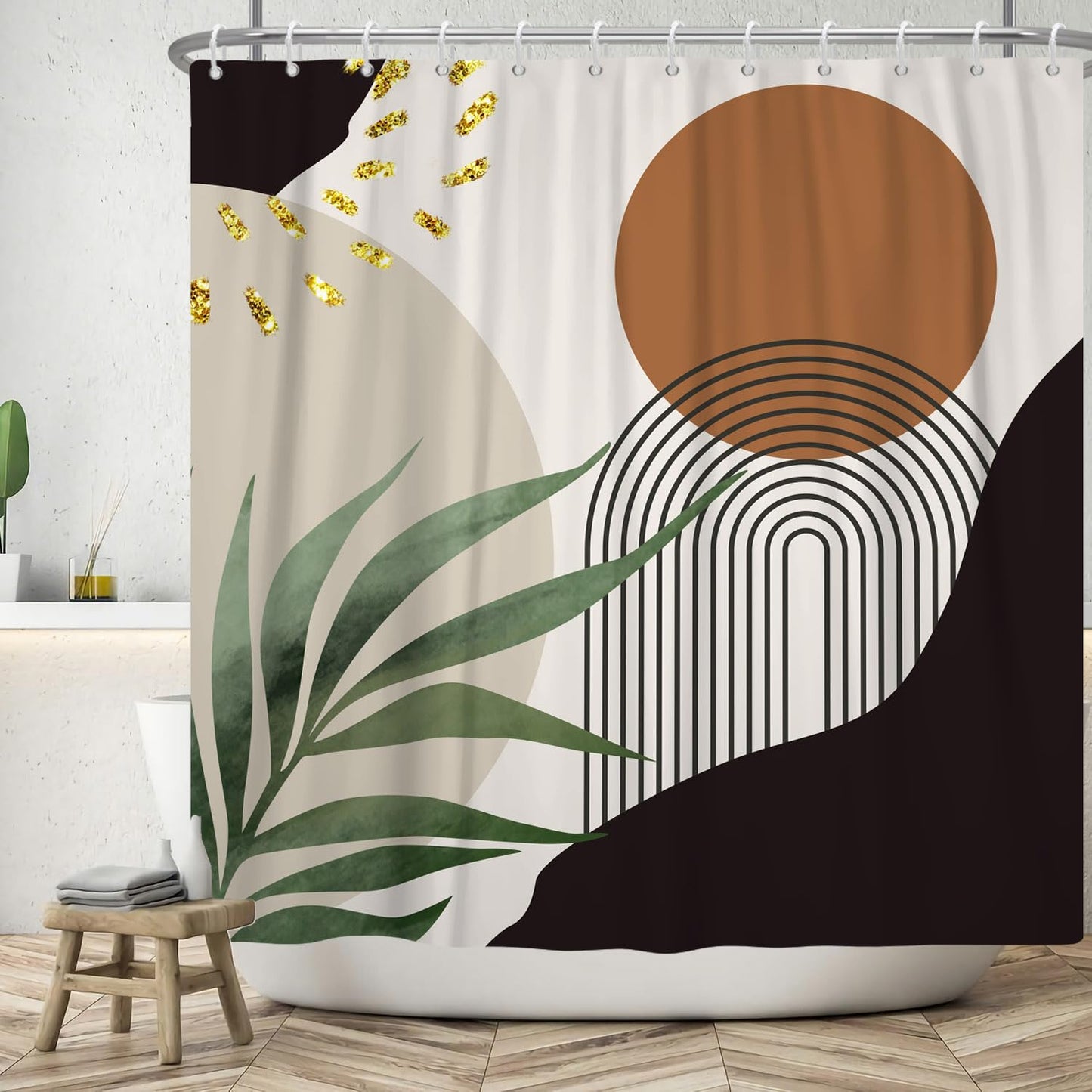 ASDCXZ Boho Shower Curtain 180x200 cm, Modern Abstract Boho Style Green Leaves Brown Sun Grey Black Bath Washable Shower Curtains Polyester Textile