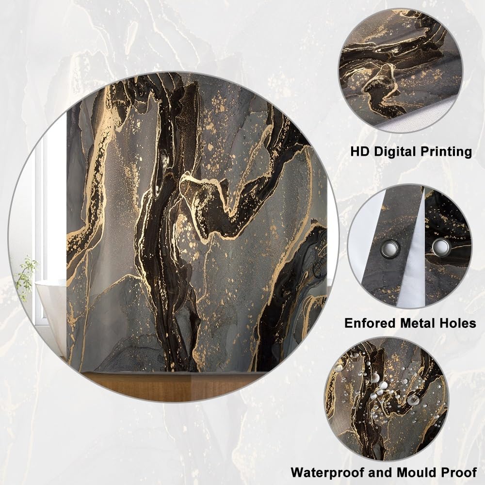 Uiiooazy Black Gold Shower Curtain, Stall Shower Curtain Abstract Marble Bath Curtain Mildew and Mould Resistant Waterproof Polyester Fabric Washable