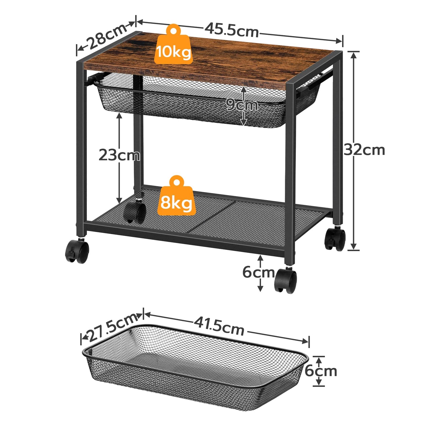 HOOBRO Printer Stand, 2-Tier Printer Table with 4 Removable Casters, Under Desk Storage Cart on Wheels