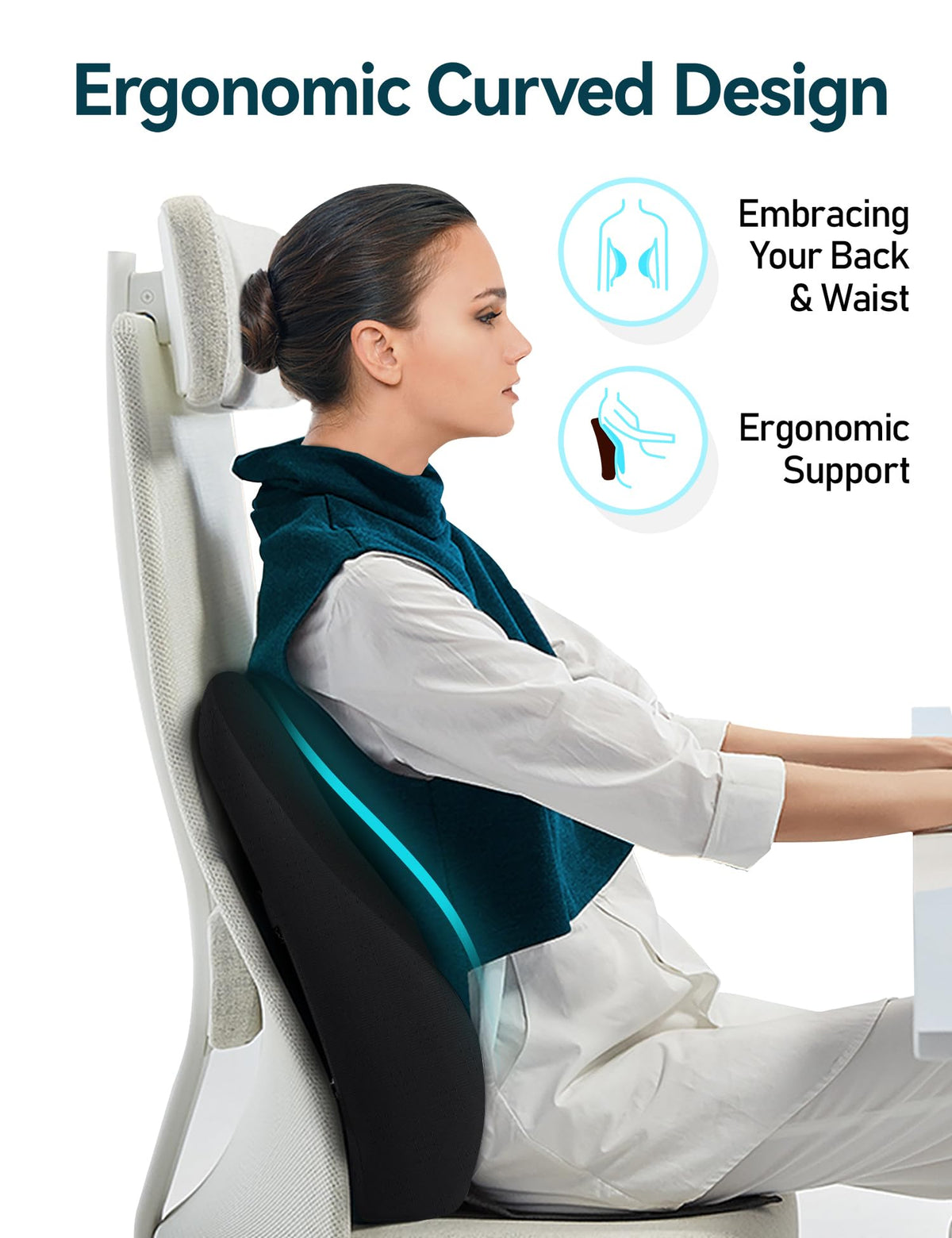 Travel Ease Ergonomic Lumbar Support Cushion, Gel and Memory Foam Back Support Cushion for Office Chairs with Skin-friendly Cover for Comfort Black