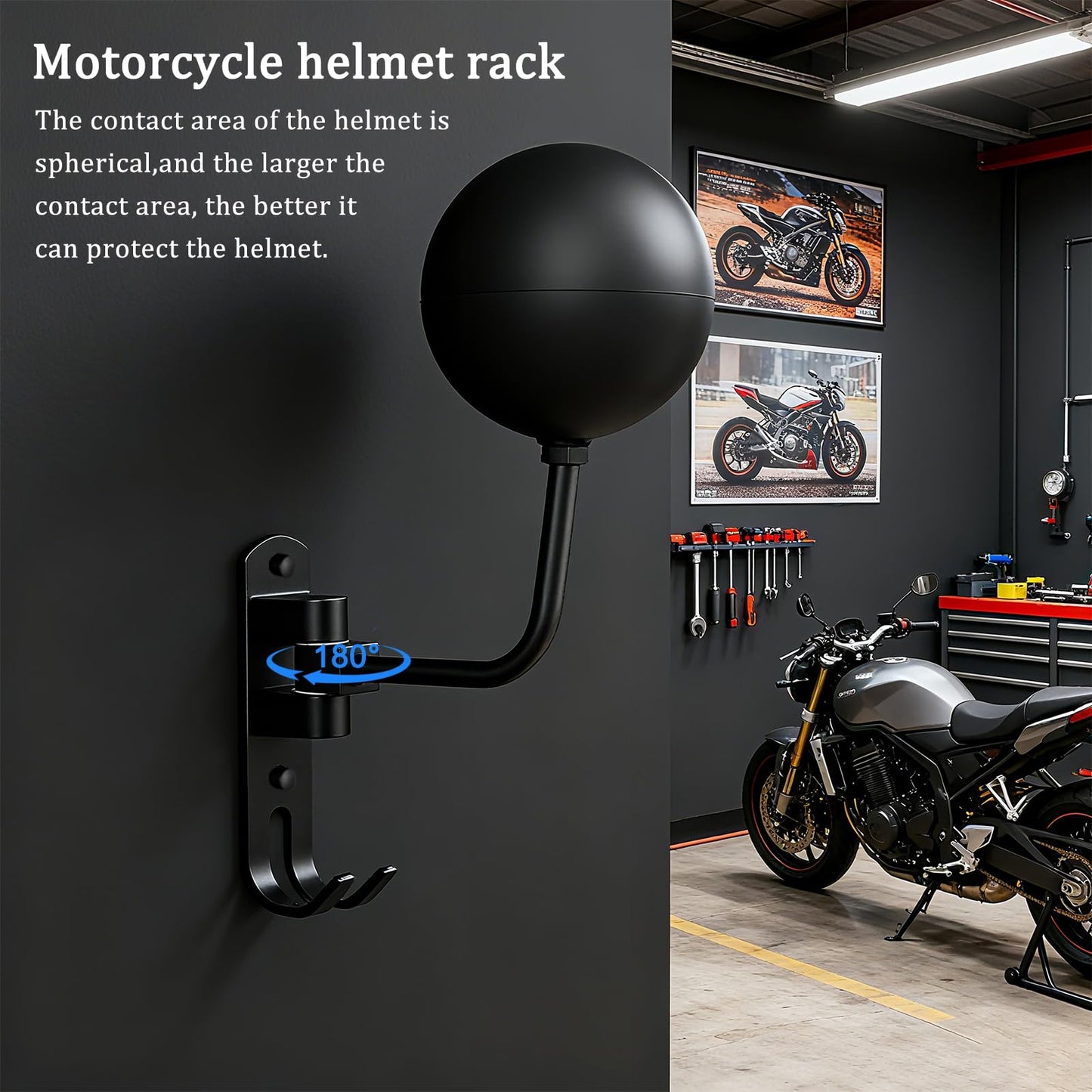 Griwuut 180° Motorcycle Helmet Rack Wall Mounted Rotatable Helmet Stand with 2 Hooks for Hard hat Handbag Coats Caps