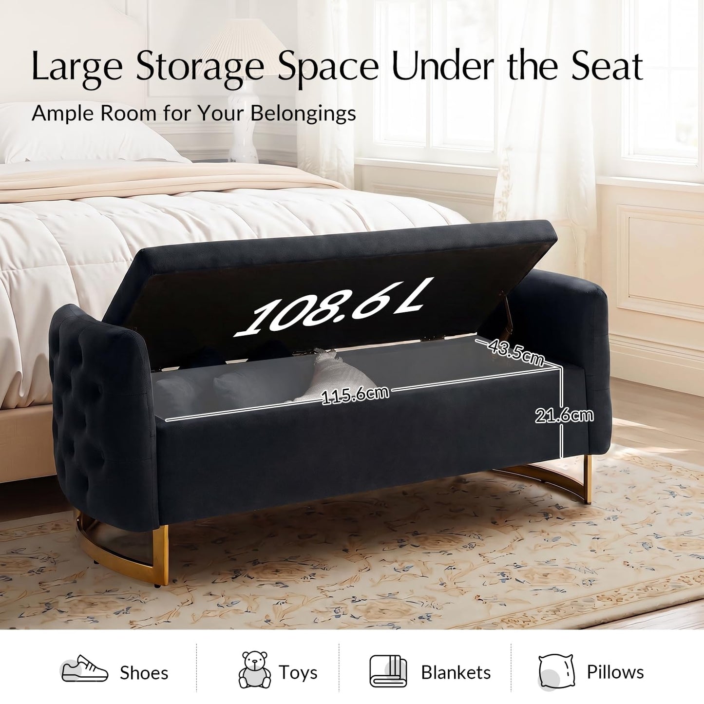 HULALA HOME Large Storage Bench with Metal Base for End of Bed, Black