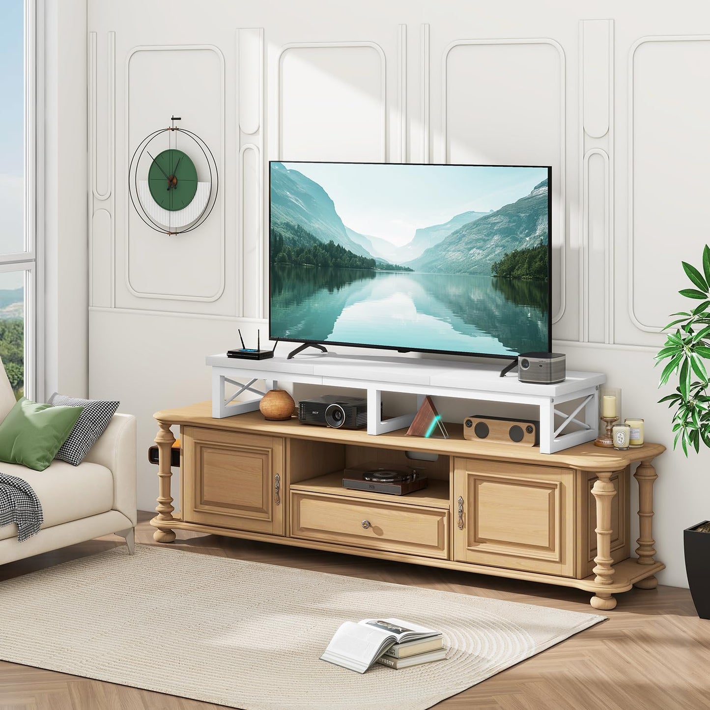IBUYKE 114cm Large TV Riser for 32-60 inch TV,Tabletop Short TV Stand with Storage and Steel Legs,Dual Screen Office Desk,Stand Riser,TV Riser Stand