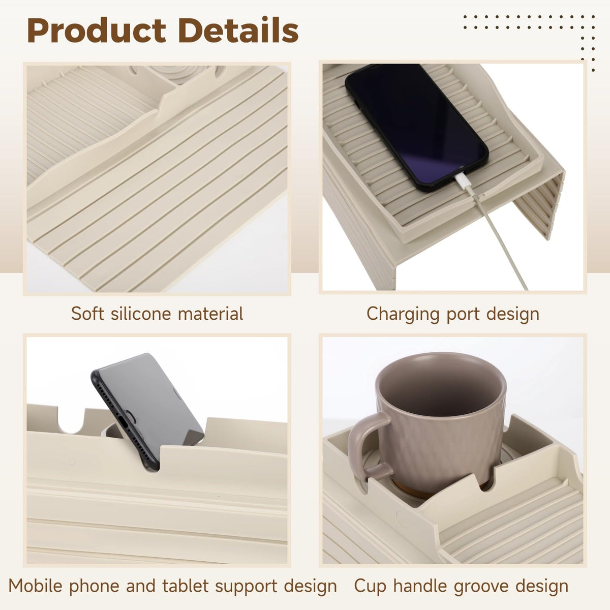 Calolin Sofa Cup Holder Tray, Silicone Couch Caddy, Armchair Caddy with Phone Tablet Stand & Charging Port