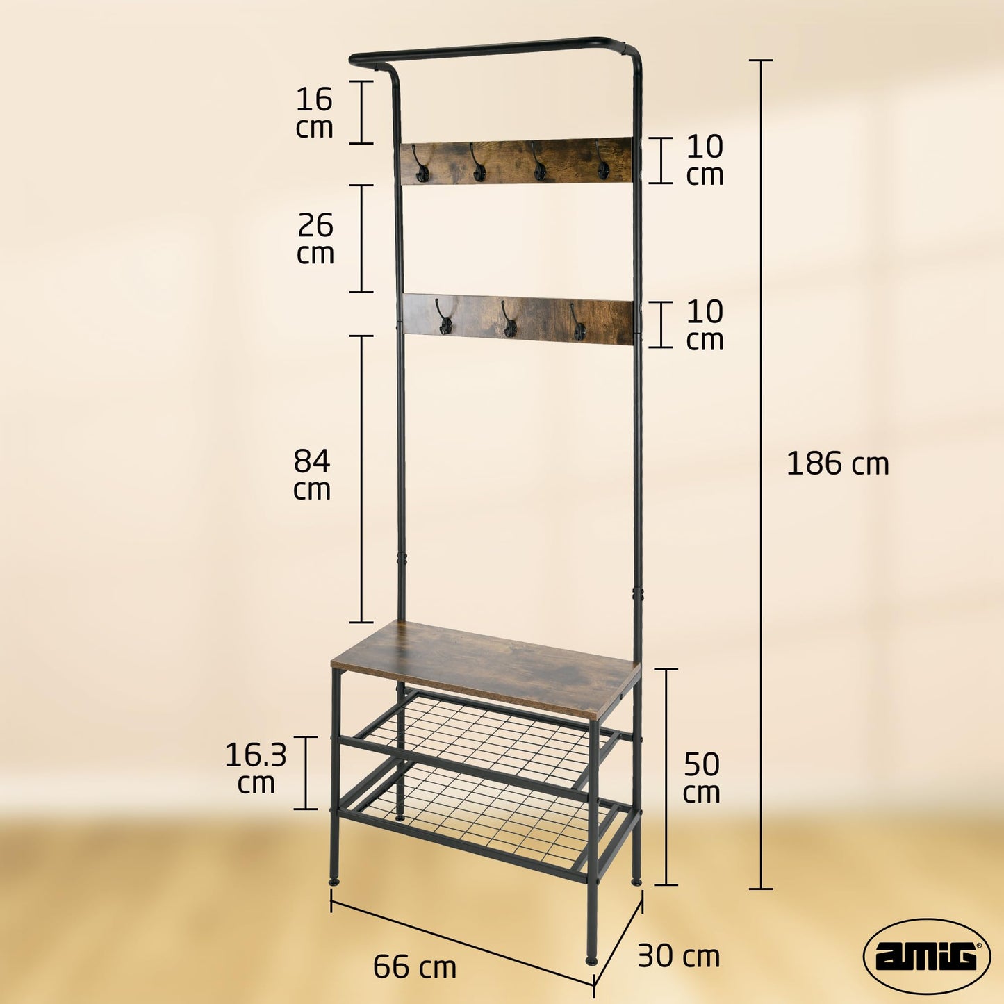 Amig - Coat Rack with Shoe Shelf Lukïen Entryway Furniture with Industrial Style Bench 183x66x32.5 cm Metal and Wood Black and Brown Furniture for