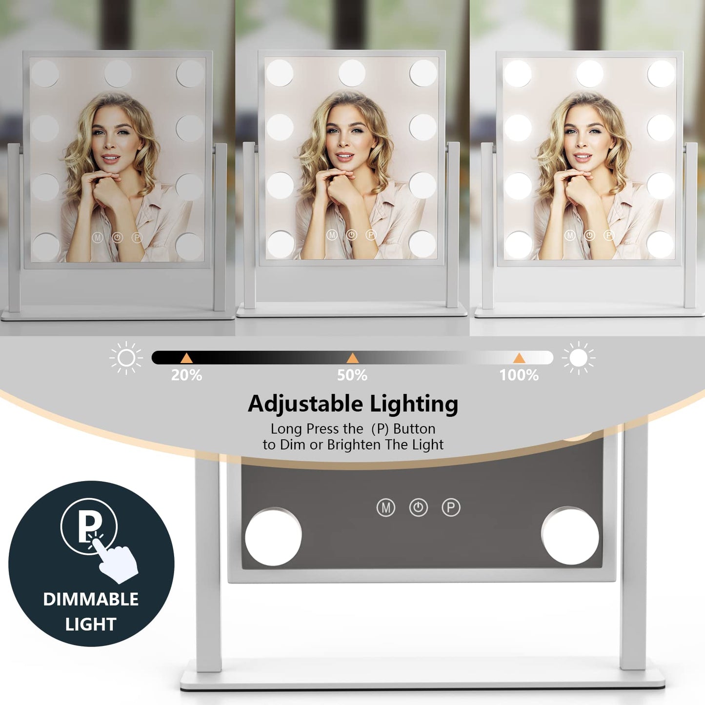 TUREWELL Hollywood Makeup Mirror with Lights,Large Lighted Vanity Mirror with 3 Color Light & 9 Dimmable Led Bulbs,Smart Lighted Touch Control Screen