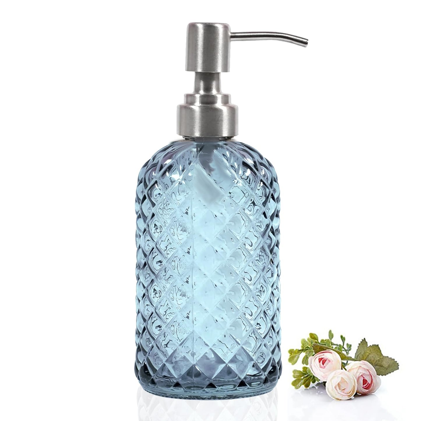 BAOWUABJ Glass Soap Dispenser with Stainless Steel Pump, 400ml, Blue