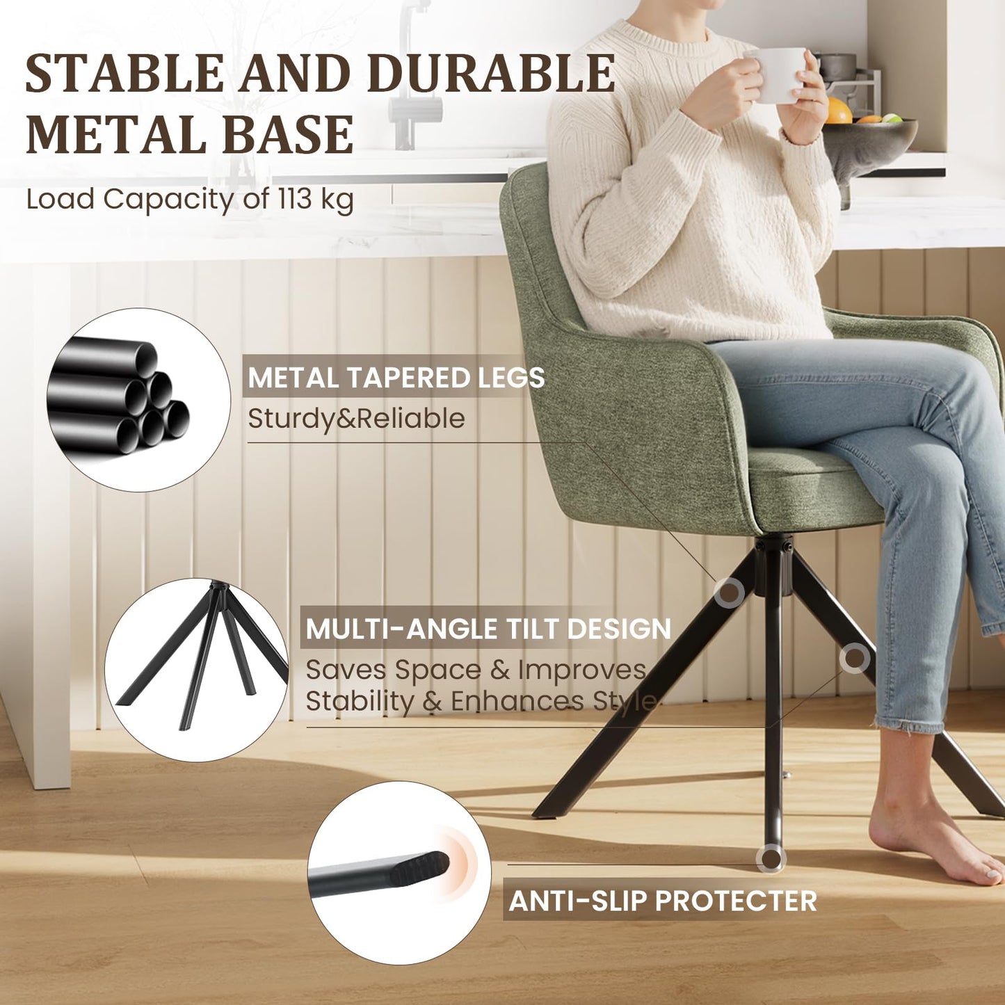 COLAMY 360°Swivel Dining Chairs Set of 4, Fabric Chairs for Dining Room with Armrests, Hollow Backrest and Thick Seat Cushion