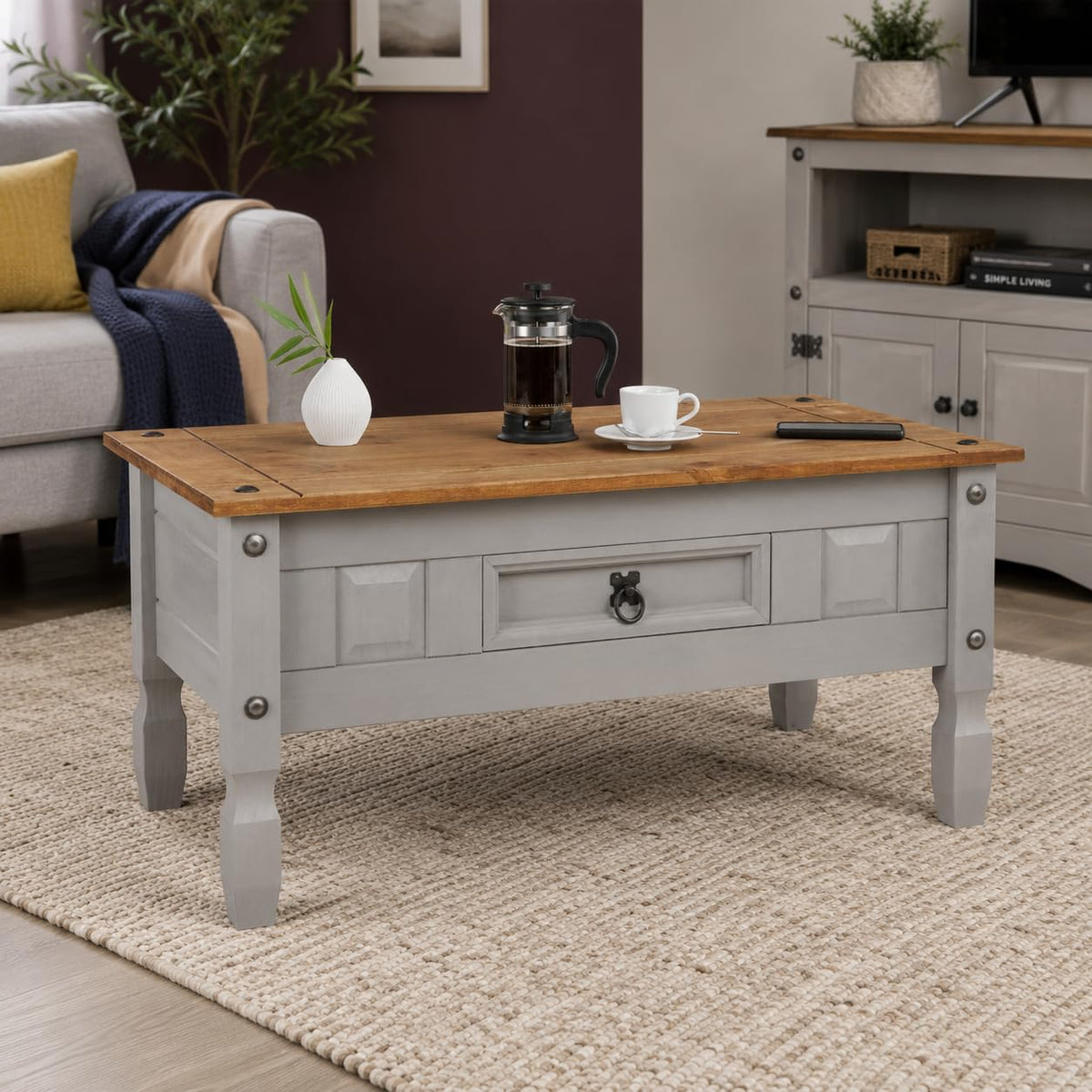 Corona Coffee Table Grey 1 Drawer Mexican Waxed Pine, Solid Wood Occasional