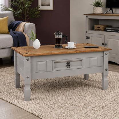 Corona Coffee Table Grey 1 Drawer Mexican Waxed Pine, Solid Wood Occasional